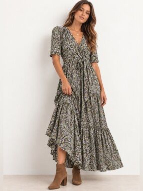 Boden Tiered Wrap Jersey Maxi Dress 2R Olive Paisley Fall Floral